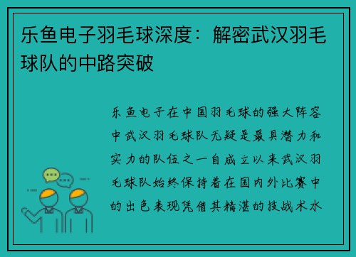 乐鱼电子羽毛球深度:解密武汉羽毛球队的中路突破